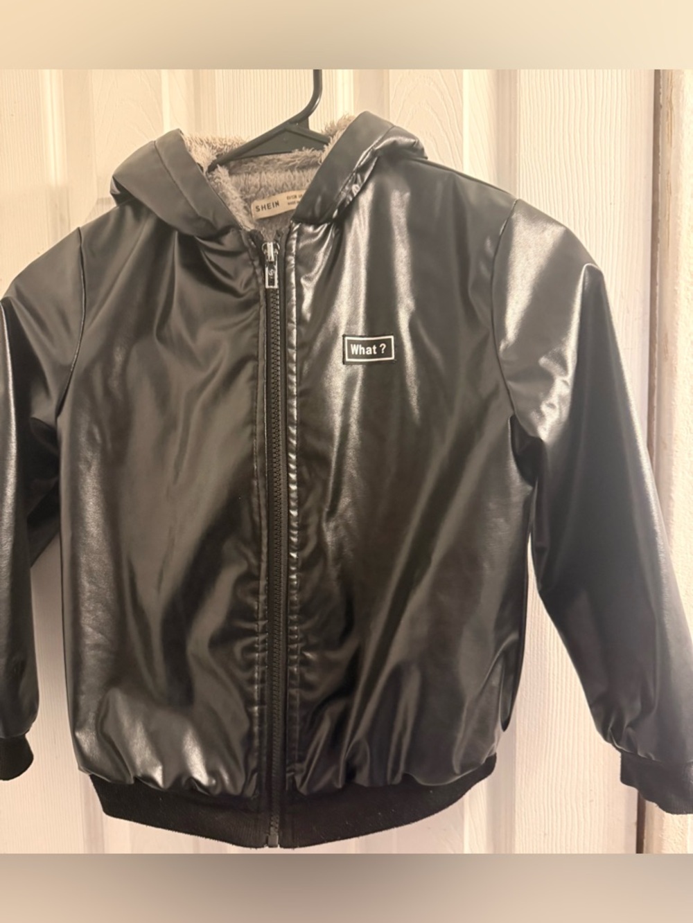 Boys Black Faux Leather Hooded Jacket  size 8